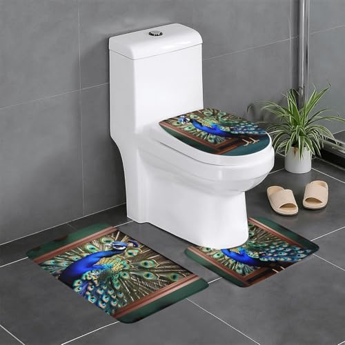 Schönes Pfauen-Bild-Druck, 3-teiliges Badezimmerteppich-Set, Badteppich, Badezimmermatten, U-förmiger WC-Vorleger, O-förmiger Deckelbezug von LEVNDIEJ
