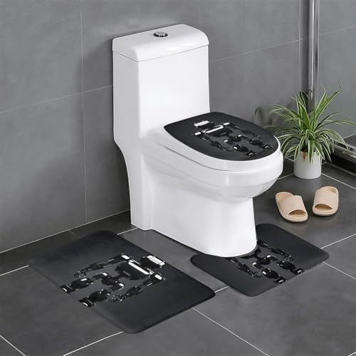 Schwarzer Roboterdruck, 3-teiliges Badezimmerteppich-Set, Badteppiche, Badezimmermatten, U-förmiger WC-Vorleger, O-förmiger Deckelbezug von LEVNDIEJ