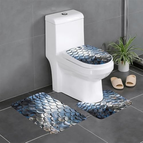Silberner Fischschuppen-Druck, 3-teiliges Badezimmerteppich-Set, Badteppich, Badezimmermatten, U-förmiger WC-Vorleger, O-förmiger Deckelbezug von LEVNDIEJ