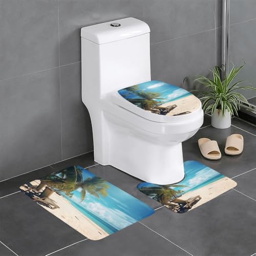 Sommerstrand mit Palmen-Druck, 3-teiliges Badezimmerteppich-Set, Badteppiche, Badezimmermatten, U-förmiger WC-Vorleger, O-förmiger Deckelbezug von LEVNDIEJ