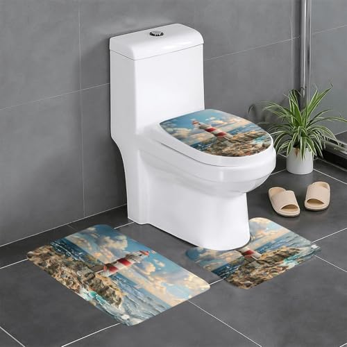 The Seaside 3-teiliges Badezimmerteppich-Set mit Leuchtturm-Druck, Badteppiche, Badezimmermatten, U-förmiger WC-Vorleger, O-förmiger Deckelbezug von LEVNDIEJ