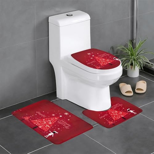 Weihnachtsdekoration, Hintergrunddruck, 3-teiliges Badezimmerteppich-Set, Badteppiche, Badezimmermatten, U-förmige WC-Vorleger, O-förmiger Deckelbezug von LEVNDIEJ
