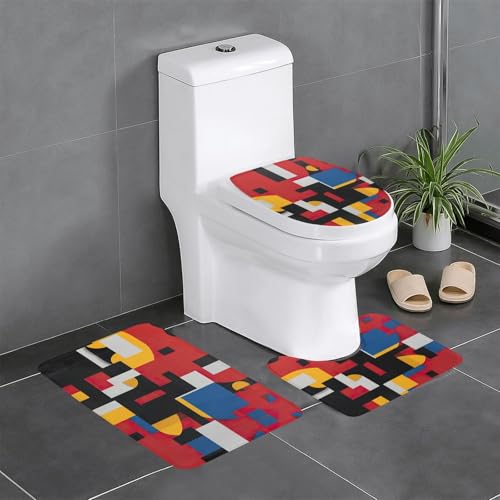 Zusammensetzung in Rot, Gelb, Blau und Schwarz, 3-teiliges Badezimmerteppich-Set, Badteppich, Badezimmermatten, U-förmiger WC-Vorleger, O-förmiger Deckelbezug von LEVNDIEJ