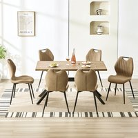 Esszimmer-Set (7-teilig), 140 x 80 x 76 cm Rechteckig Esstisch aus Holz mit 6 Esszimmerstühle mit Hohe Rückenlehne, Schwarz Eisenbeine, Dunkles von LEWE