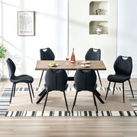 Esszimmer-Set (7-teilig), 140 x 80 x 76 cm Rechteckig Esstisch aus Holz mit 6 Esszimmerstühle mit Hohe Rückenlehne, Schwarz Eisenbeine, Dunkles von LEWE