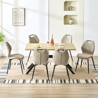 Esszimmer-Set (7-teilig), 140 x 80 x 76 cm Rechteckig Esstisch aus Holz mit 6 Esszimmerstühle mit Hohe Rückenlehne, Schwarz Eisenbeine, Helles von LEWE