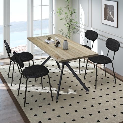 LEWE Essgruppen Esstisch mit 4 Stühlen, 140 x 80 x 76 cm Rechteckig Esstisch aus Holz mit Teddy Stoff Esszimmerstühle, Stapelbar Küchenstühle, für Küche Esszimmer und Wohnzimmer von LEWE