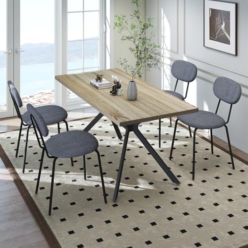 LEWE Essgruppen Esstisch mit 4 Stühlen, 140 x 80 x 76 cm Rechteckig Esstisch aus Holz mit Teddy Stoff Esszimmerstühle, Stapelbar Küchenstühle, für Küche Esszimmer und Wohnzimmer von LEWE