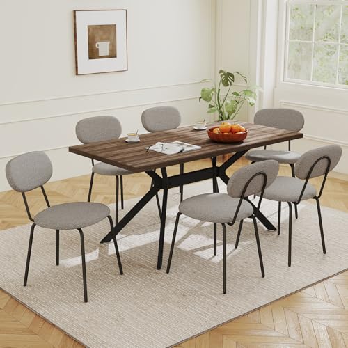 LEWE Essgruppen Esstisch mit 6 Stühlen, 140 x 80 x 76 cm Rechteckig Esstisch aus Holz mit Teddy Stoff Esszimmerstühle, Stapelbar Küchenstühle, für Küche Esszimmer und Wohnzimmer von LEWE
