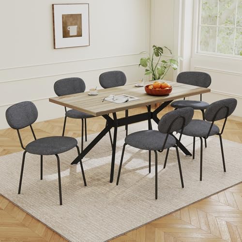 LEWE Essgruppen Esstisch mit 6 Stühlen, 140 x 80 x 76 cm Rechteckig Esstisch aus Holz mit Teddy Stoff Esszimmerstühle, Stapelbar Küchenstühle, für Küche Esszimmer und Wohnzimmer von LEWE
