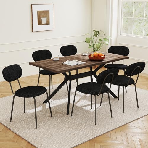 LEWE Essgruppen Esstisch mit 6 Stühlen, 140 x 80 x 76 cm Rechteckig Esstisch aus Holz mit Teddy Stoff Esszimmerstühle, Stapelbar Küchenstühle, für Küche Esszimmer und Wohnzimmer von LEWE