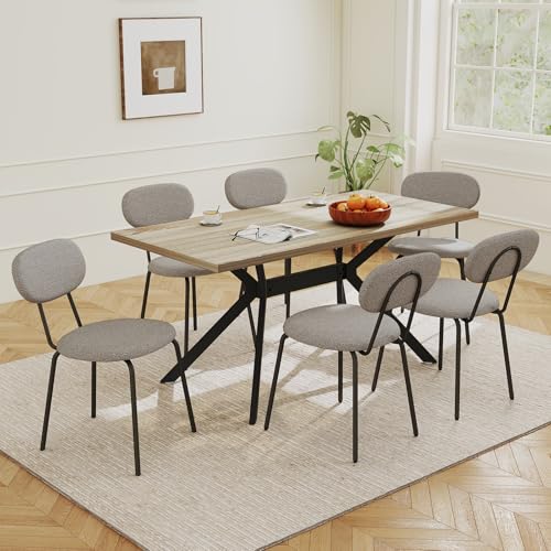 LEWE Essgruppen Esstisch mit 6 Stühlen, 140 x 80 x 76 cm Rechteckig Esstisch aus Holz mit Teddy Stoff Esszimmerstühle, Stapelbar Küchenstühle, für Küche Esszimmer und Wohnzimmer von LEWE