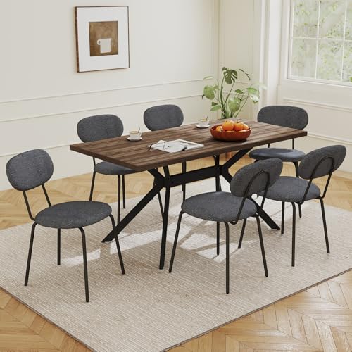 LEWE Essgruppen Esstisch mit 6 Stühlen, 140 x 80 x 76 cm Rechteckig Esstisch aus Holz mit Teddy Stoff Esszimmerstühle, Stapelbar Küchenstühle, für Küche Esszimmer und Wohnzimmer LEWE Essgruppen Esstisch mit 6 Stühlen, 140 x 80 x 76 cm Rechteckig Esstisch aus Holz mit Teddy Stoff Esszimmerstühle, Stapelbar Küchenstühle, für Küche Esszimmer und Wohnzimmer von LEWE