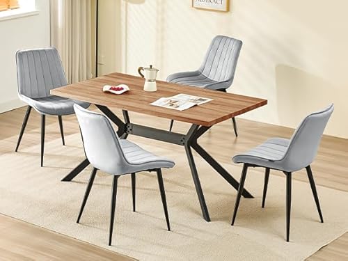 LEWE Esszimmergruppe, Esstisch aus Holz mit 4 Holland Samt Stühle Set, 140 x 80 x 76 cm Tisch, für Esszimmer Küche Wohnzimmer, Langlebig, Rechteckiger Esstisch aus dunklem Holz und Gray Stuhl von LEWE