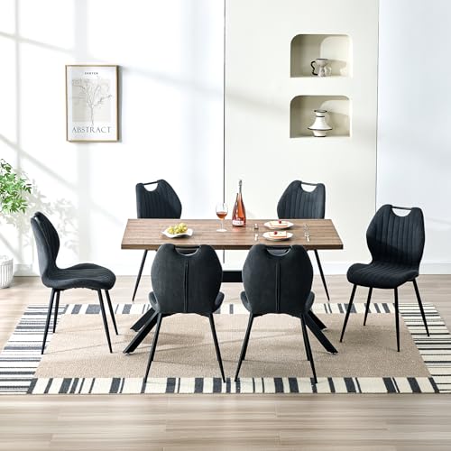 LEWE Esszimmergruppe Esstisch mit 6 Stühlen, 140 x 80 x 76 cm Rechteckig Esstisch aus Holz mit 6 Esszimmerstühle mit Hohe Rückenlehne, Schwarz Eisenbeine, für Küche Esszimmer und Wohnzimmer von LEWE