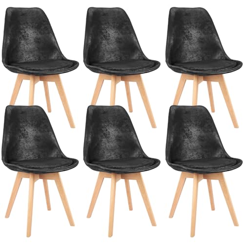 LEWE Esszimmerstühle 6er Set Stühle Skandinavischer Küchenstuhl Wildlederkissen mit Beinen aus Buchenholz für Esszimmer, Wohnzimmer, Schlafzimmer, Küche (Schwarz) von LEWE