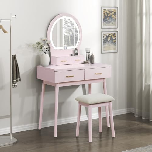 LEXICON Moderner Schminktisch mit Spiegel, LED-Lichtern, 3 Beleuchtungsmodi, kleines Schminktisch-Set mit 4 Schubladen und gepolstertem Hocker, verstellbare Beleuchtung für Schlafzimmer, Rosa von LEXICON