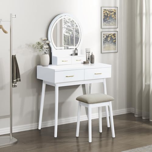 LEXICON Moderner Schminktisch mit Spiegel, LED-Lichtern, 3 Beleuchtungsmodi, kleines Schminktisch-Set mit 4 Schubladen und gepolstertem Hocker, verstellbare Beleuchtung für Schlafzimmer, Weiß LEXICON Moderner Schminktisch mit Spiegel, LED-Lichtern, 3 Beleuchtungsmodi, kleines Schminktisch-Set mit 4 Schubladen und gepolstertem Hocker, verstellbare Beleuchtung für Schlafzimmer, Weiß von LEXICON