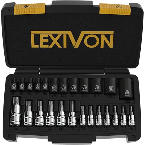 LEXIVON Master Torx-Bit- und Steckschlüssel-Set, Premium-S2-Legierung & Cr-V-Stahl, 25-teilig, Bit-Stecknuss T8-T60 & E-Torx E4-E22, robuster Aufbewahrungskoffer (LX-148) von LEXIVON