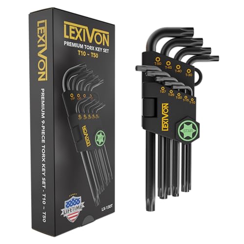 LEXIVON Torx Wrench Set, 9-teilig, Premium-Sternschlüssel Set, L-förmiges Design mit langem Arm, Größen T10 bis T50, S2-Stahllegierung in Industriequalität (LX-130T) von LEXIVON