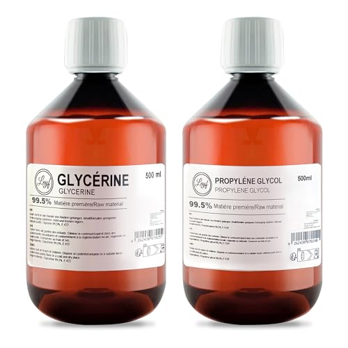 Leyf 500 ml Glycerin E422 + 500 ml Propylenglykol E1520, Perfekt für DIY, Pharmaqualität Reinheit, Lebensmittelqualität, Raw Material VG + PG, Rein, Vegan, Ph. Eur/USP von LEYF