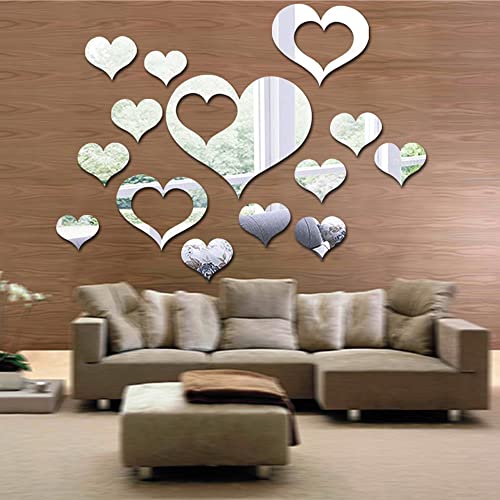 LEZED 16 Stück Spiegel Wandaufkleber,Selbstklebend Acrylspiegel Wandsticker 3D Liebe Herz Spiegel Wandaufkleber für Die Hintergrunddekoration Von Schlafzimmer,Badezimmer,Zimmer,Wohnzimmer(Silber) von LEZED