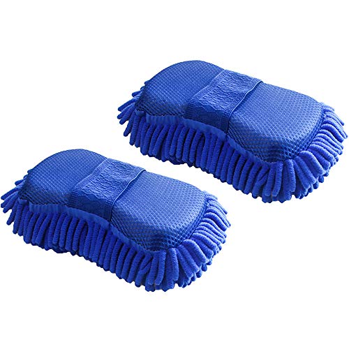 Lezed Mikrofaser Schwamm Autowäsche Auto Putzschwamm Autoschwamm Doppelseitiger Autowaschhandschuh mit eingebautem Handriemen fusselfrei, kratzfrei, trocken und nass Dual-Gebrauch Navy Blau, 2 Stück von LEZED