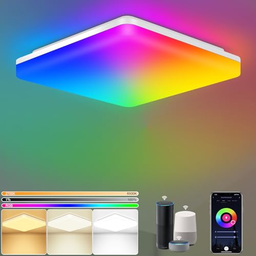 LEZOE 15W Smart LED Deckenleuchte Dimmbar RGB Farbwechsel, 1500LM 2.4GHZ WLAN APP Led Deckenlampe RGB mit Fernsteuerung via APP, IP54 lampe Für Wohnzimmer Kompatibel Mit Alexa und Google Assistant von LEZOE