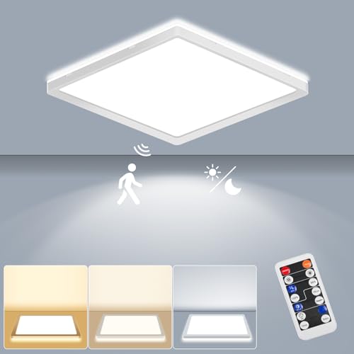 LEZOE LED Deckenleuchte mit Bewegungsmelder, 18W 1800LM Radar Deckenlampe Dimmbar, Warmweiß/Neutralweiß/Kaltweiß IP54 Sensorlampe Für Badezimmer, Garage, Treppen, Keller, Flur, Balkon, Diele 22x2.5cm von LEZOE