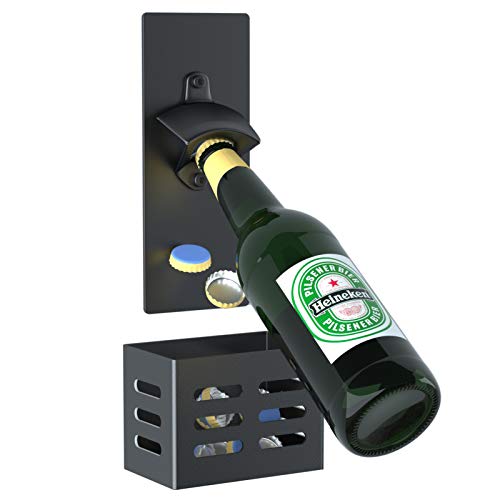 LEcylankEr Magnet Flaschenöffner mit Auffangbehälter,Wandmontage Kohlenstoffstahl Bierflaschenöffner für Küche kühlschrank,Bier geschenke für Männer (schwarz) von LEcylankEr