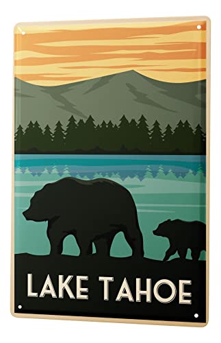 Blechschild Retro - Vintage Metall-Poster für Weltenbummler - Lake Tahoe USA Bären Motiv - 20 x 30 cm von LEotiE SINCE 2004