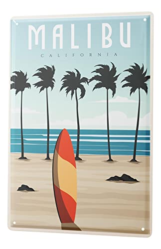 Blechschild Retro - Vintage Metall-Poster für das Wohnzimmer - Malibu Surfen Motiv - 20 x 30 cm von LEotiE SINCE 2004