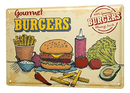 Blechschild Vintage Retro Metallschild Wandschild Blech Poster Essen Restaurant Gourmet Burger von LEotiE SINCE 2004