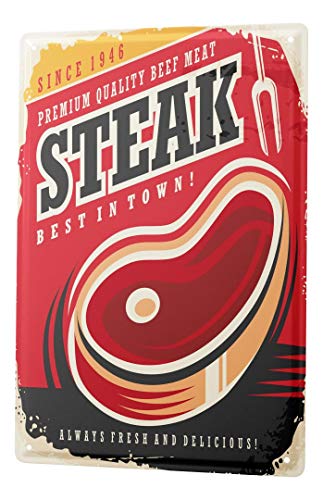 Blechschild Vintage Retro Metallschild Wandschild Blech Poster Essen Restaurant Steak von LEotiE SINCE 2004