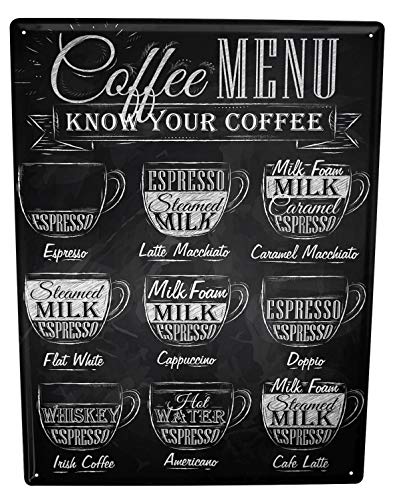 Blechschild Wandschild 30x40 cm Vintage Retro Metallschild Kaffee Kaffeekarte von LEotiE SINCE 2004