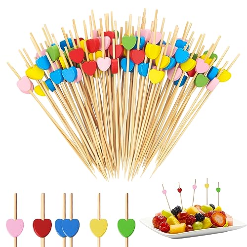 100 Stück Cocktail Picks Holz Zahnstocher, Fingerfood Spieße, Herzform CocktailSpieße mit Niedlicher Deko für Bar Kuchen Party Und Geburtstag Party Obstspieß Cocktail Deko(Bunt) von LFBEST