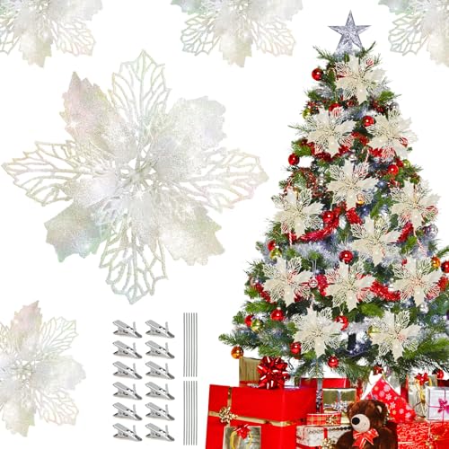 12 Stücke Weihnachten Funkeln Weihnachtsstern Blumen,Glitter Poinsettia, Weihnachtsschmuck Weihnachtsbaum Baumschmuck KüNstliche Weihnachtsblumen Neujahr Ornamente mit 12 Clips und 12 Vorbauten von LFBEST