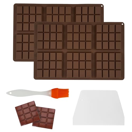 2 Stück Silikonform Schokolade,6 Tafeln Tief Schokoladentafel Silikonform,Break-Apart Schokolade bar Formen mit Schaber und Bürste,Lebensmittel Grade Quadrat Schokolade Formen für Praline SüßIgkeiten von LFBEST