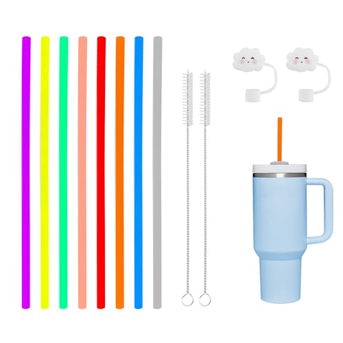 8 Pcs Bunte Silikon Strohhalme,Wiederverwendbare Trinkhalme 35cm Compatible with Stanley 20/30/40 oz mit 2 Reinigungsbürste 2 Strohhalm Abdeckung für Säfte,Cocktails,Smoothie(Gerade) von LFBEST