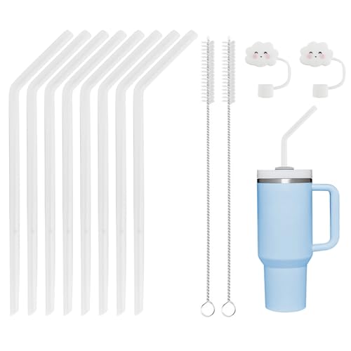 8 Stück Stanley Cup Silikon Strohhalm,Wiederverwendbare Klare Trinkhalme 35cm,Compatible with Stanley 20/30/40 oz Zubehör mit 2 Reinigungsbürste 2 Strohhalm Abdeckung (Gebogen) von LFBEST