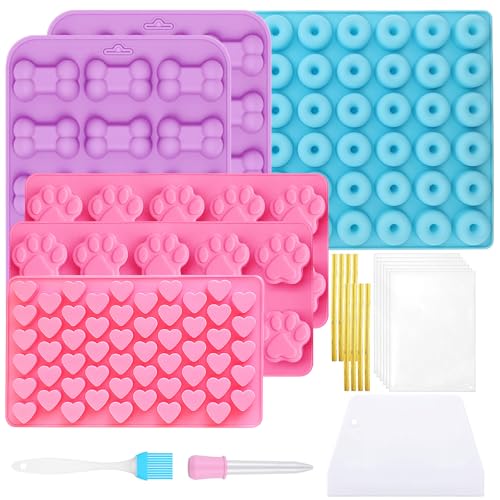 9 Stück Backmatten für Hundeleckerlies Set,Silikon Backmatte,mit 50 Cellophantüten,50 Metallischen Bindebaender,Schaber,Bürste,Tropfer, für DIY Hundeleckerlies,Kekse,Schokolade,Süßigkeiten,Eiswürfel von LFBEST