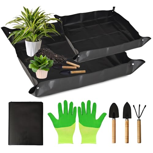 Gartenmatte Pflanzmatte,2 Stück wasserdichte Pflanzen Umtopfmatte,Faltbare Pflanzenmattemit Gartenwerkzeug für Gartenbaubepflanzung Umpflanzen Beschneiden Umtopfen(100x100cm, 66x66cm Schwarz) von LFBEST