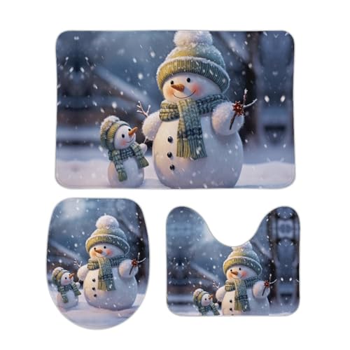 LFDSYEOQ Badezimmerteppich Winter Schneemann 3 Stück Badezimmer Teppiche Badeset Rutschfest Ultra Weich Teppich Matten Saugfähig mit U-Form WC für WC Badvorleger Set von LFDSYEOQ