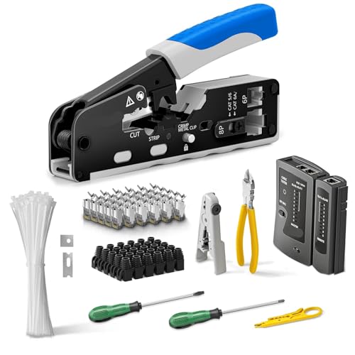 RJ45 Cat6A Netzwerk-Toolkit, Kabeltester, Drahtschneiderklingen, Cat7-Stecker und -Manschetten, Kabelbinder, Schraubendreher, 1 Satz(Blue) von LFJQFQR