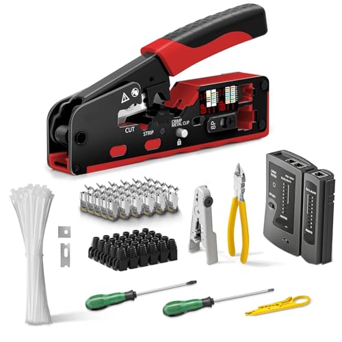 RJ45 Cat6A Netzwerk-Toolkit, Kabeltester, Drahtschneiderklingen, Cat7-Stecker und -Manschetten, Kabelbinder, Schraubendreher, 1 Satz(Red) von LFJQFQR
