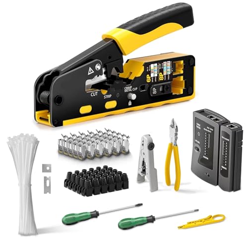 RJ45 Cat6A Netzwerk-Toolkit, Kabeltester, Drahtschneiderklingen, Cat7-Stecker und -Manschetten, Kabelbinder, Schraubendreher, 1 Satz(Yellow) von LFJQFQR