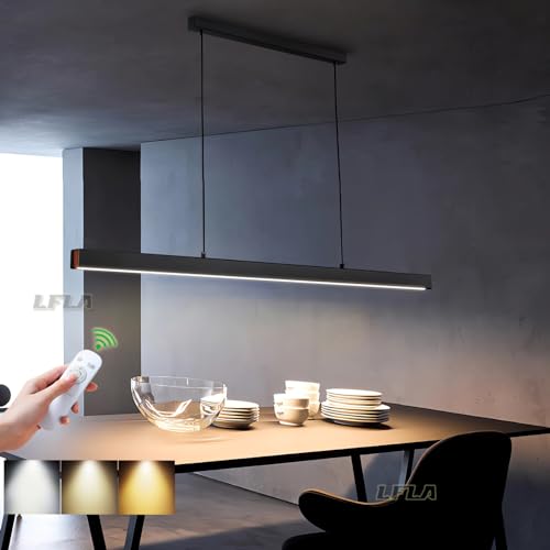 150cm Dimmbar LED Pendelleuchte Schwarz Kücheninsel Moderne Lineare Esstisch Hängeleuchte mit Fernbedienung Pooltisch-Inselleuchte höhenverstellbar Holzleuchte Kronleuchter für Esszimmer Bürolampe von LFLA
