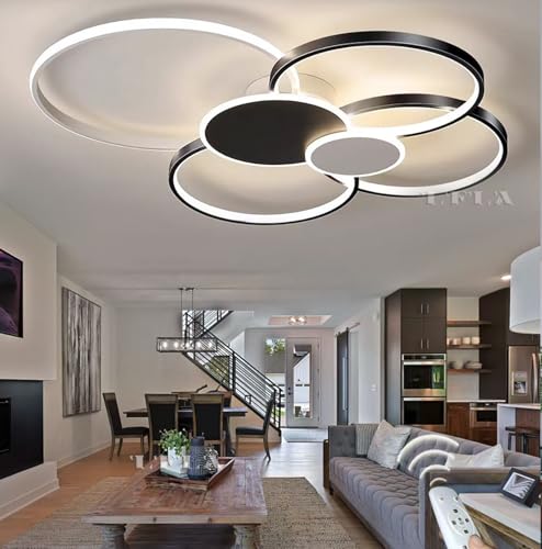 80cm Dimmbar LED-Deckenleuchte Weiß & Schwarz 71W Wohnzimmerlampe Modern Deckenlampe 6-Ringe Design mit Fernbedienung 3000K-6500K Deckenbeleuchtung Wohnzimmer Schlafzimmer Studio Büro Deckenlicht von LFLA