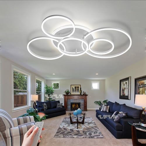Dimmbar LED Deckenleuchte Moderne Wohnzimmerlampe Kreativität Acryl Ring Design Schlafzimmer Lampe Deckenlampe mit Fernbedienung Energiesparlampe Esszimmer Beleuchtung Weiß, 6-Ring,118W,120cm von LFLA