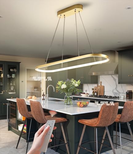 Dimmbar LED Pendelleuchte 54W Esszimmer Moderne Esstisch Gold Hängelampe mit Fernbedienung Oval Design Kronleuchter Höhenverstellbar Hängeleuchte Arbeitszimmer Küche Wohnzimmer Licht, L120cm von LFLA